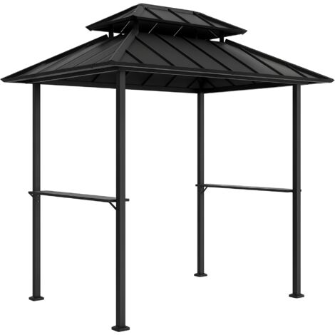 Outsunny – Tonnelle de barbecue rigide 244x184x258cm – Toit double couche anti-UV et étanche – 2 étagères pour outils et nourriture – Noir