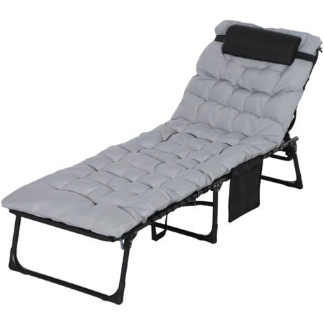 Outsunny – Transat pliant inclinable avec coussin appuie-tête – Cadre métallique robuste – Tissu textilène respirant – Poche latérale – 58 x 189 x 32,5 cm gris clair
