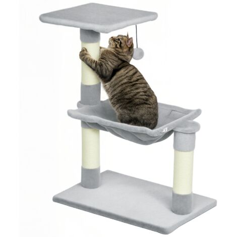 Pawhut – Arbre à chat avec 3 griffoirs sisal naturel – Plateforme et hamac – Dimensions 50x36x70cm – Revêtement peluche courte gris clair