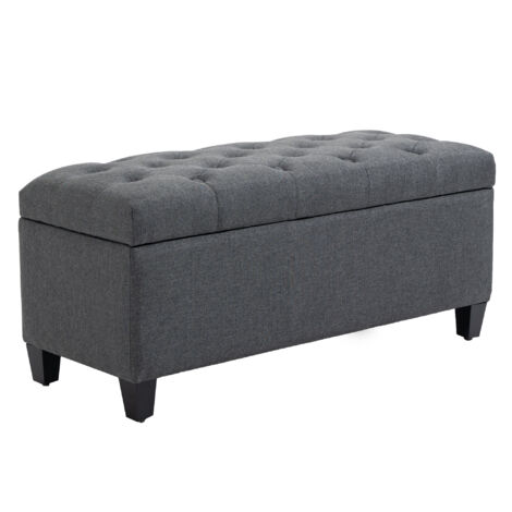 Homcom – Banquette coffre de rangement Chesterfield 100x40x44 cm – Tissu polyester effet lin – Piètement en bois d'hévéa noir