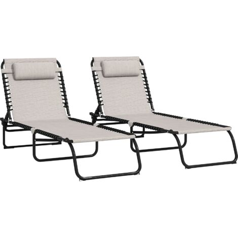 Lot de 2 bains de soleil transats pliables inclinables acier lacets élastiques noir textilène crème