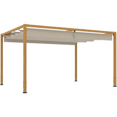 Pergola toile rétractable 4 x 3 m alu effet bois tissu polyester beige