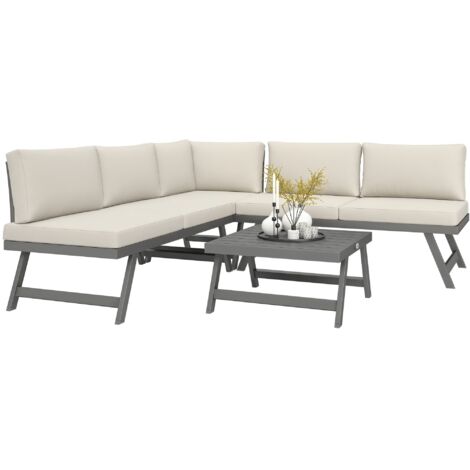 Ensemble salon de jardin modulable 5 personnes 4 pièces design alu gris coussins beige