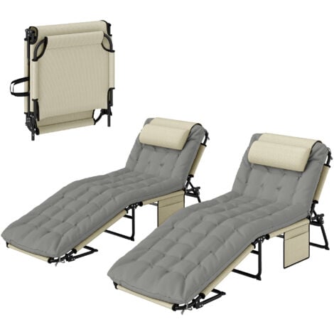Lot de 2 transats bains de soleil pliables inclinables - tétière, matelas épais - métal tissu gris crème