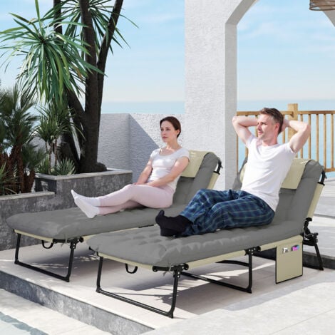 Lot de 2 transats bains de soleil pliables inclinables - tétière, matelas épais - métal tissu gris crème