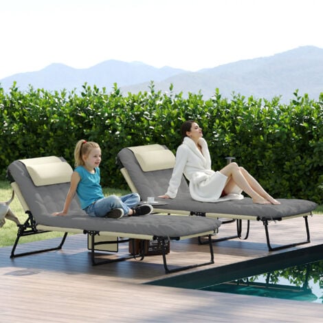 Lot de 2 transats bains de soleil pliables inclinables - tétière, matelas épais - métal tissu gris crème