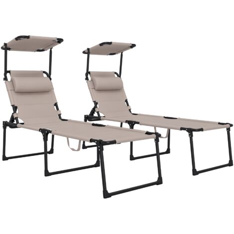 Outsunny – Lot de 2 transats pliables – Dossier inclinable 4 positions – Pare-soleil ajustable – Structure en métal et tissu Oxford – Pieds antidérapants – Kaki