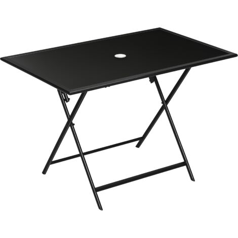 Table de jardin pliable 6 places - espace parasol - dim. 110 x 70 x 70 cm - métal époxy plateau verre trempé noir