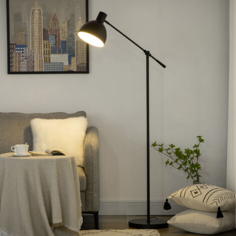 Homcom – Lampadaire sur pied noir 40W E27 – Hauteur réglable 131-155 cm – Abat-jour orientable en acier – Pour éclairage de bureau et salon