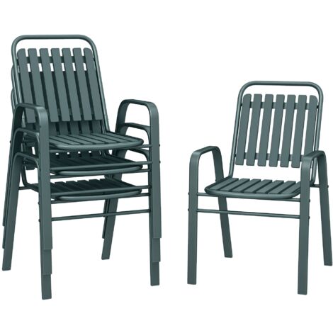 Outsunny – Lot de 4 chaises de jardin empilables – Haut dossier et accoudoirs – Acier revêtu – Charge max 120 kg – Pour terrasse et balcon – Gris