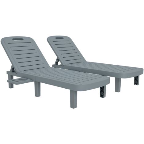 Lot de 2 bains de soleil inclinable - plateau rétractable - PP texturé effet bois gris (1/5)