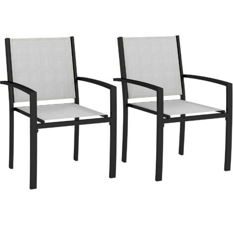 Lot de 2 chaises de jardin empilables avec accoudoirs acier noir textilène gris clair (1/5)