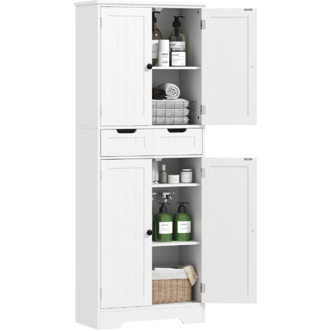 Homcom – Meuble haut salle de bain 4 portes 3 étagères tiroir 60x30x160 cm – MDF blanc – Charge max 60 kg – Pieds antidérapants