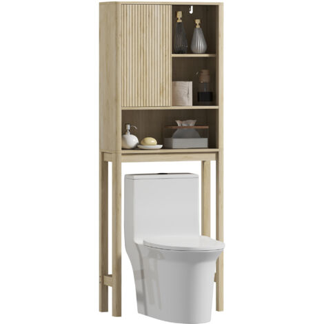 Meuble WC dessus de toilette style bohème - porte coulissante, étagère, niche - effet bois clair