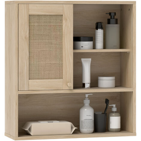 Homcom – Armoire murale de salle de bain – porte coulissante en rotin – rangement à trois niveaux – 60L x 20l x 65H cm – bois naturel
