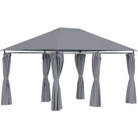 Tonnelle barnum pavillon de jardin style colonial double toit toiles latérales amovibles gris