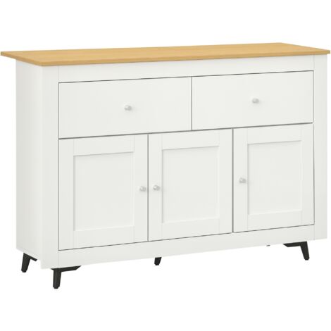 Homcom – Buffet cuisine 2 tiroirs 3 portes – Étagère réglable – Dimensions 117 x 35 x 80 cm – Couleur blanc et bois – Charnières à fermeture douce (1/5)