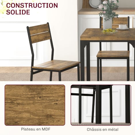 Table avec 2 chaises style industriel acier noir MDF coloris bois effet vieilli