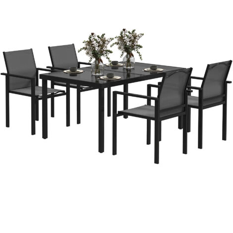 Outsunny – Ensemble table et chaises de jardin 5 pièces – Table 140 cm en verre trempé – Chaises empilables en métal noir – Dossier en maille pour confort