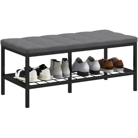 Banc à chaussures avec coussin effet capitonné - étagère - dim. 90 x 41 x 40 cm - métal noir tissu gris (1/5)