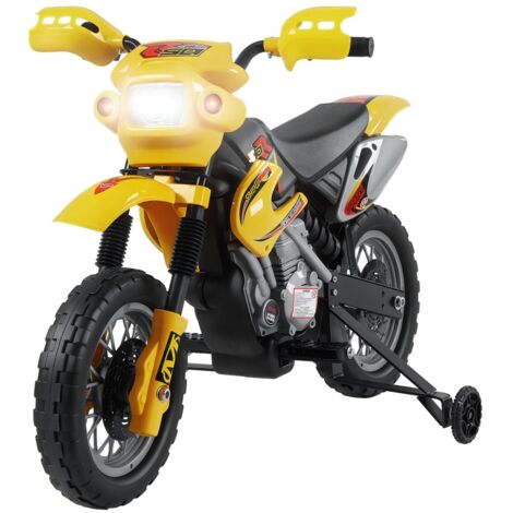 Homcom – Moto électrique enfants 6V – Autonomie 45 min – Phares LED et musique – 2 roulettes amovibles – Pour 3 à 6 ans – Jaune noir