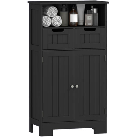 Kleankin – Meuble bas de salle de bain 60L x 30l x 108,8H cm – 2 tiroirs et placard double porte – MDF noir avec étagère ajustable