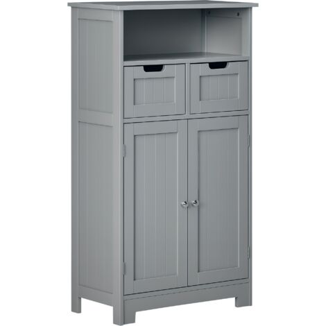 Kleankin – Meuble bas de salle de bain 60L x 30l x 108,8H cm – 2 tiroirs et placard double porte – MDF gris avec étagère ajustable
