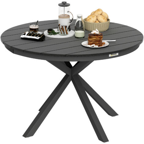 Outsunny – Table de jardin ronde Ø 118 cm – Aluminium léger et anti-rouille – 6 places – Design à lattes pour drainage rapide – Noir