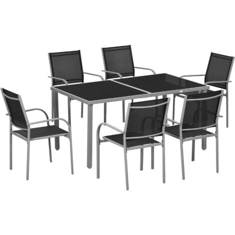 Ensemble de jardin 6 personnes chaises empilables table à manger dim. 150L x 90l x 72H cm plateau verre acier époxy textilène noir