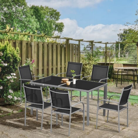 Ensemble de jardin 6 personnes chaises empilables table à manger dim. 150L x 90l x 72H cm plateau verre acier époxy textilène noir