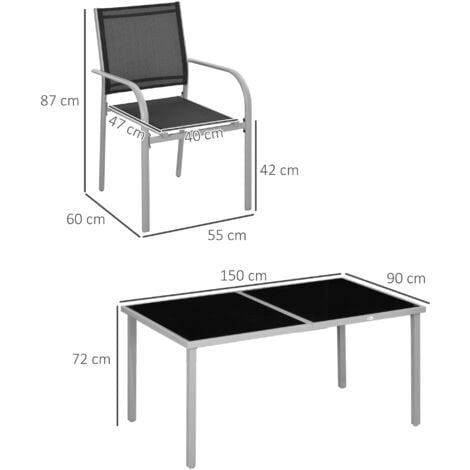 Ensemble de jardin 6 personnes chaises empilables table à manger dim. 150L x 90l x 72H cm plateau verre acier époxy textilène noir