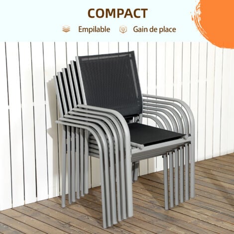 Ensemble de jardin 6 personnes chaises empilables table à manger dim. 150L x 90l x 72H cm plateau verre acier époxy textilène noir