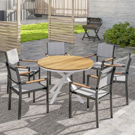Table de jardin ronde 4 personnes dia. 118 cm piètement alu plateau lattes effet bois teck blanc