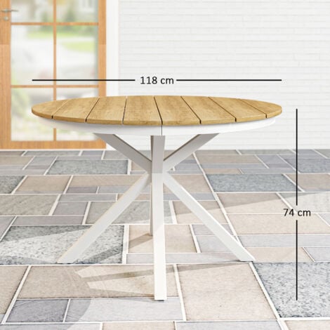 Table de jardin ronde 4 personnes dia. 118 cm piètement alu plateau lattes effet bois teck blanc