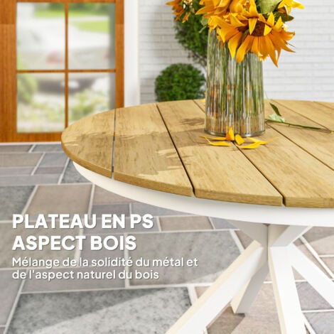 Table de jardin ronde 4 personnes dia. 118 cm piètement alu plateau lattes effet bois teck blanc