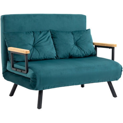Homcom – Canapé convertible 2 places – Dossier réglable 5 positions – Revêtement velours bleu canard – 2 coussins inclus – Structure en acier robuste