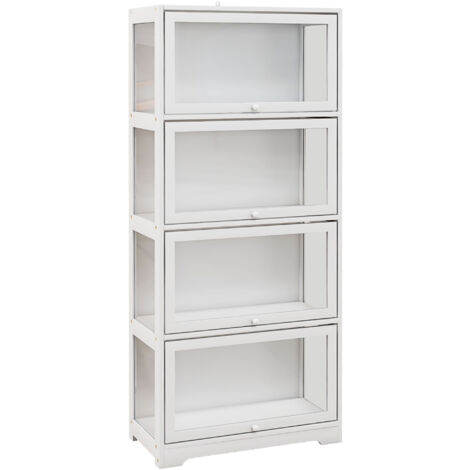Homcom – Vitrine colonne 4 niveaux – 4 portes abattantes – MDF blanc et acrylique transparent – Dimensions 59 x 30 x 139 cm – Système anti-basculement (1/5)