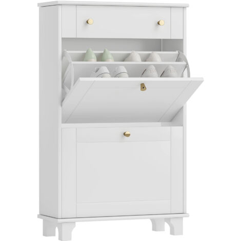 Homcom – Meuble à chaussures étroit blanc – 2 tiroirs basculants pour 8 paires – Étagère réglable – Dimensions 60 x 23,5 x 98,5 cm