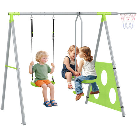 Aiyaplay – Balançoire enfant 4 en 1 – Sièges face à face – Panier de basket et but de football – Charge max 135 kg – Acier galvanisé – Vert