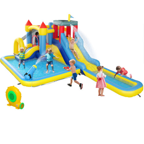Château gonflable enfant 6 en 1 - toboggan, trampoline, panier basket-ball, piscine, mur, pistolet - nombreux accesoires