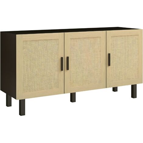 Homcom – Buffet noir en bois mélaminé – 3 portes avec étagères réglables – Dimensions 136 x 46 x 70 cm – Style bohème avec façade cannage