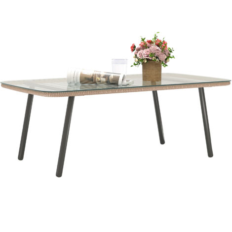Outsunny – Table basse de jardin Acapulco – Piètement incliné acier noir – Résine tressée effet bois naturel – Plateau verre trempé 110x60x40cm