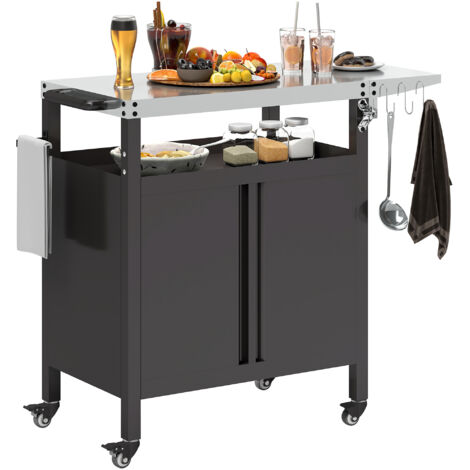 Outsunny – Desserte de jardin en acier noir et inox – 2 portes, tablette pliable, 3 crochets – Chariot mobile pour barbecue et cuisine extérieure