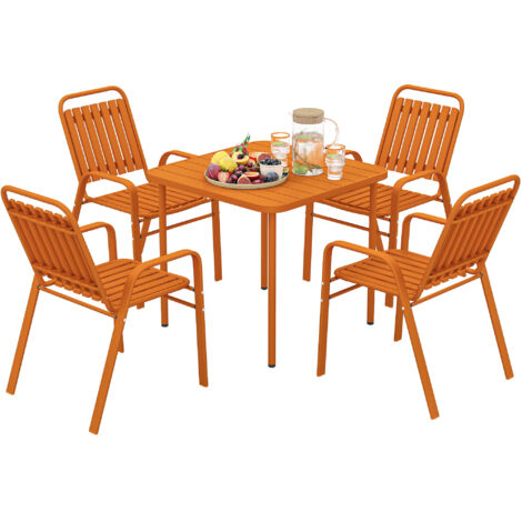 Salon de jardin extérieur 4 places 5 pièces - chaises empilables - plateau effet bois acier orange