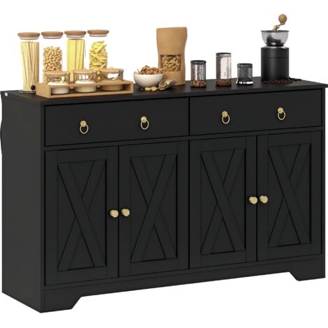 Homcom – Buffet meuble de rangement noir – 2 tiroirs et 2 placards avec étagères réglables – Style campagne – Dimensions 121L x 37l x 75H cm