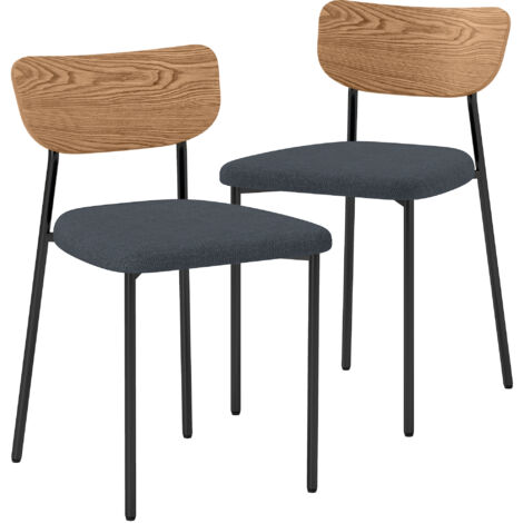 Lot de 2 chaises de salon style néo-rétro assise rembourré tissu gris piètement acier noir dossier effet bois (1/5)