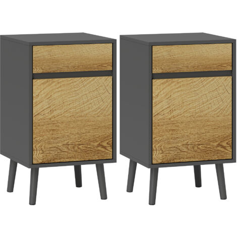 Lot de 2 chevets tables de nuit dim. 40 x 39 x 69 cm - tiroir, porte, étagère - piètement bois effet bois gris (1/5)