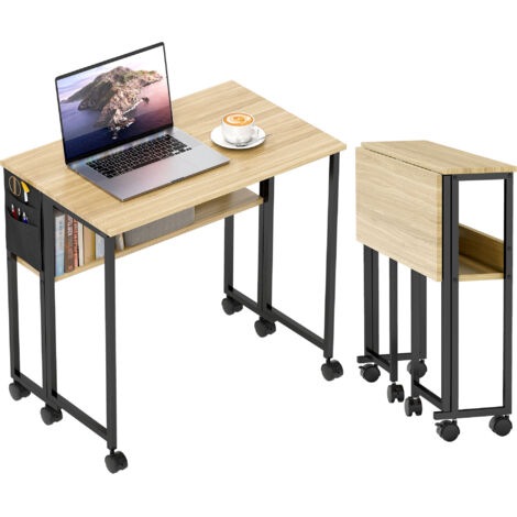 Homcom – Bureau pliable sur roulettes 80 x 50 cm – Étagère ouverte et sac de rangement – MDF et acier – Pour petits espaces