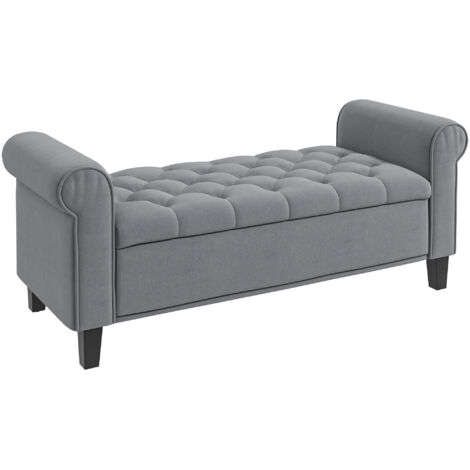Homcom – Banc coffre banquette de rangement en velours gris – Dimensions 126 x 48,5 x 57 cm – Piètement en bois d'hévéa noir
