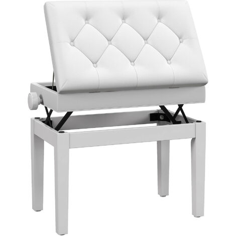 Homcom – Banc de piano réglable en hauteur – Assise en mousse polyuréthane – Compartiment de rangement – Pieds en bois dur – Couleur blanche